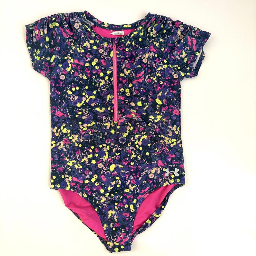 Under Armour | Girls Short Sleeve One Piece Swimsuit Blue Pink Yellow Size 16‎
